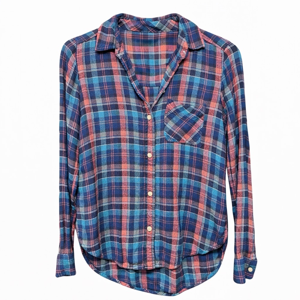 American Eagle Outfitters • Boyfriend Fit Plaid Flannel • Blue & Coral • Size XS